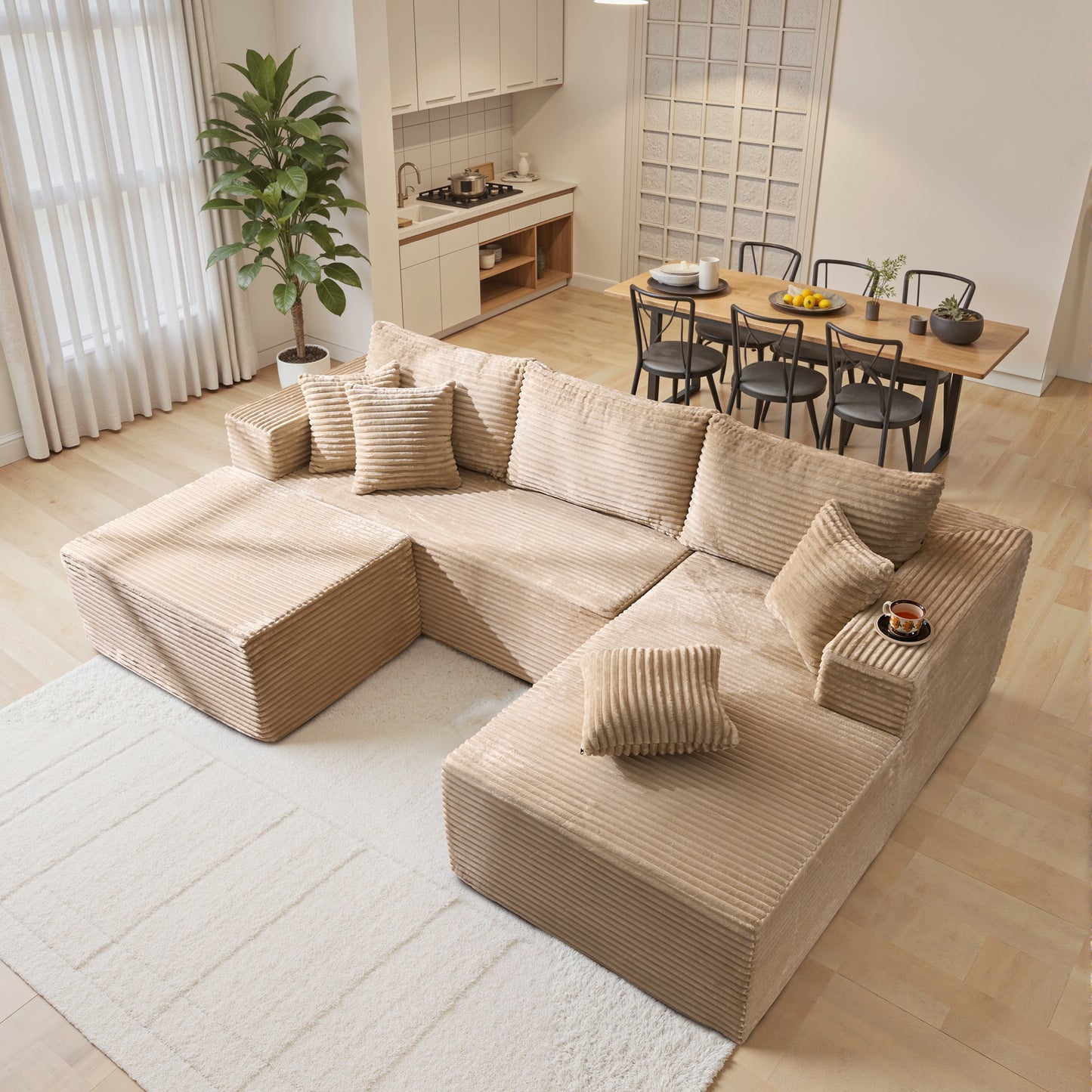 Toject 135" Modular Sectional Sofa, Cloud Modern Sleeper Couch with Chaise Lounge, No Assembly Required, U-shaped Plush Corduroy Sofa Couch for Living Room