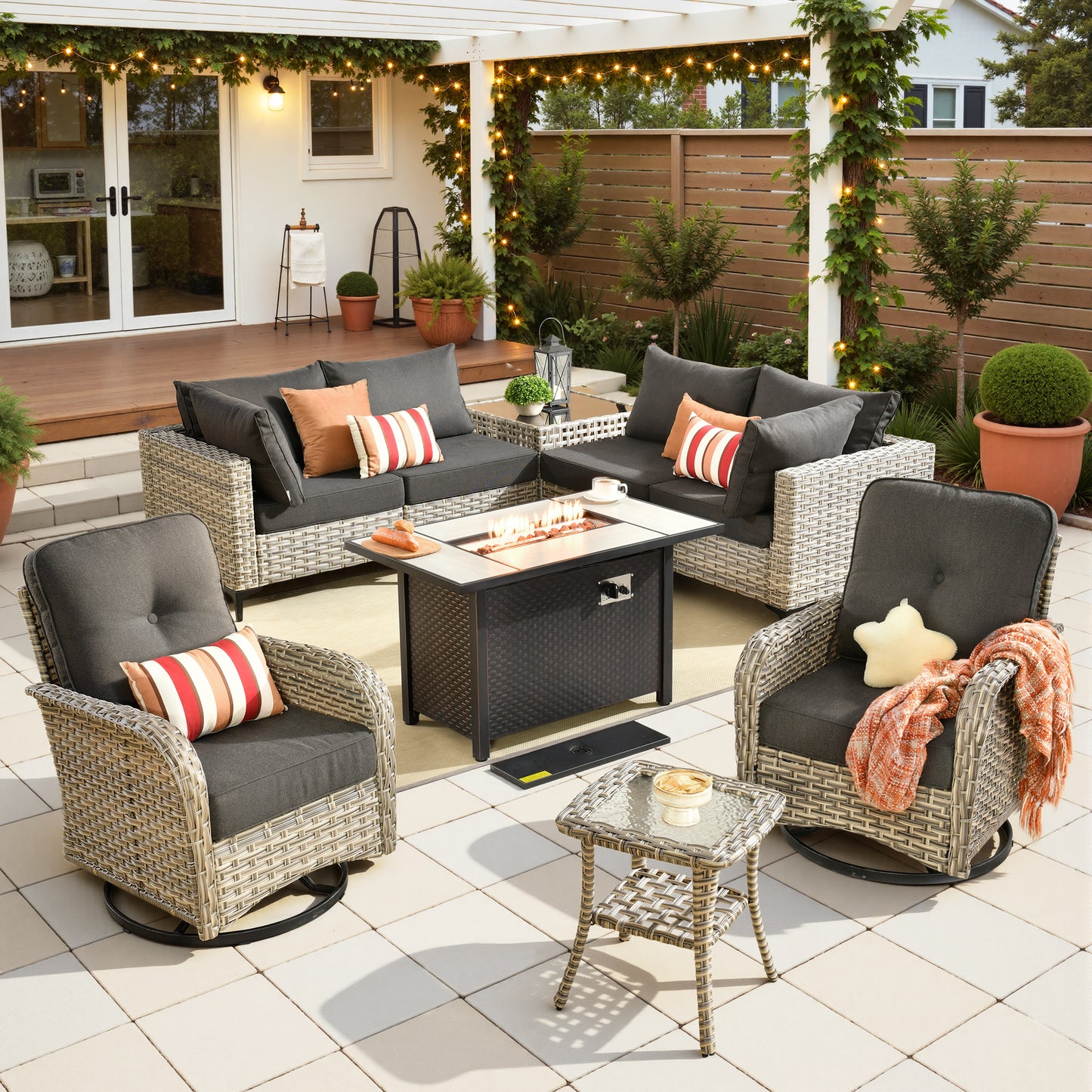 Toject 11 Pieces Patio Furniture Set All Weather Wicker Outdoor Conversation Set with 54" Fire Pit Outside Furniture Patio Sofa with Swivel Chairs & Solar Table