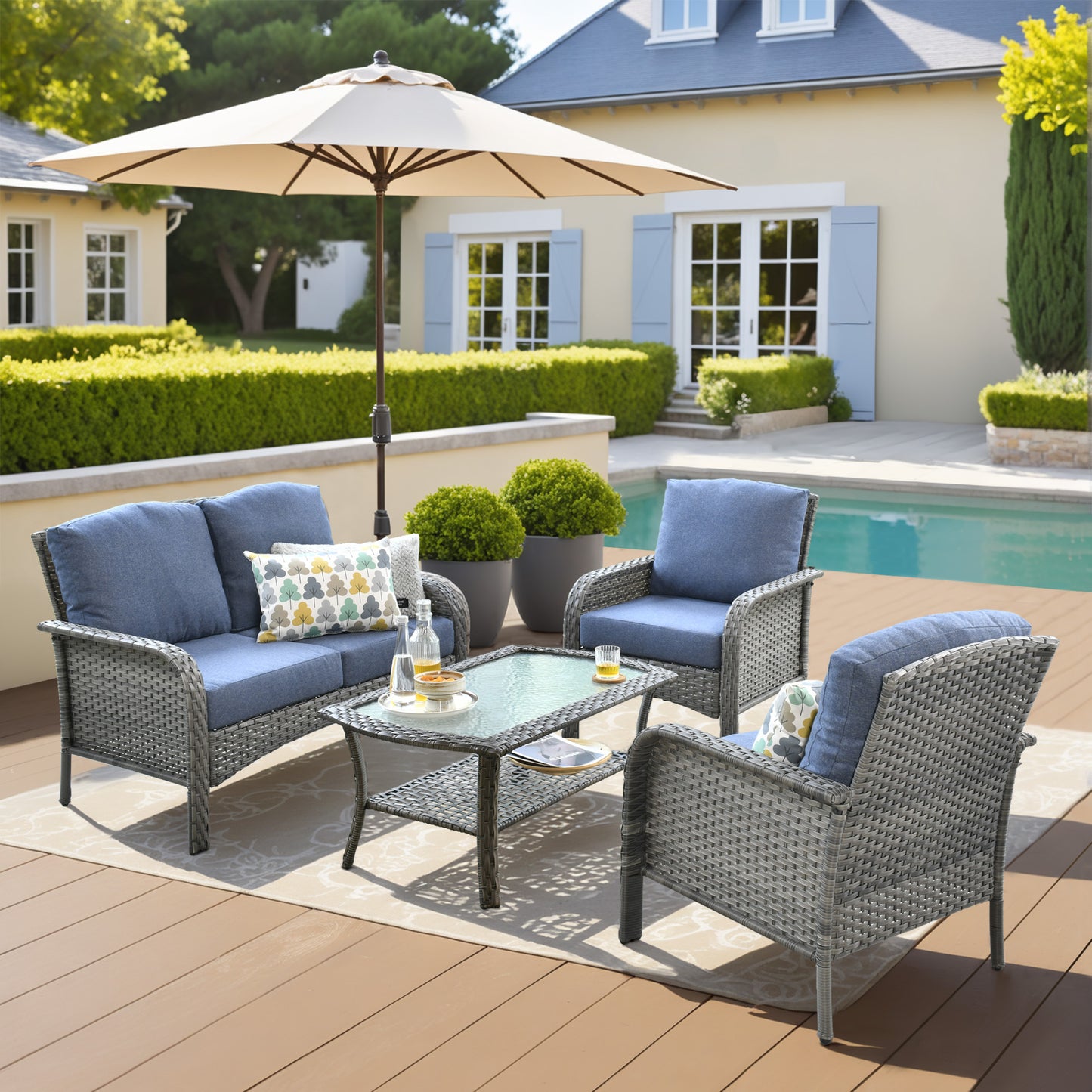 Toject 4 Pieces Patio Furniture Set, All-Weather Wicker Outdoor Furniture Loveseat Table Chairs Set for Porch, High Back Conversation Set for Backyard, Balcony, Denim Blue
