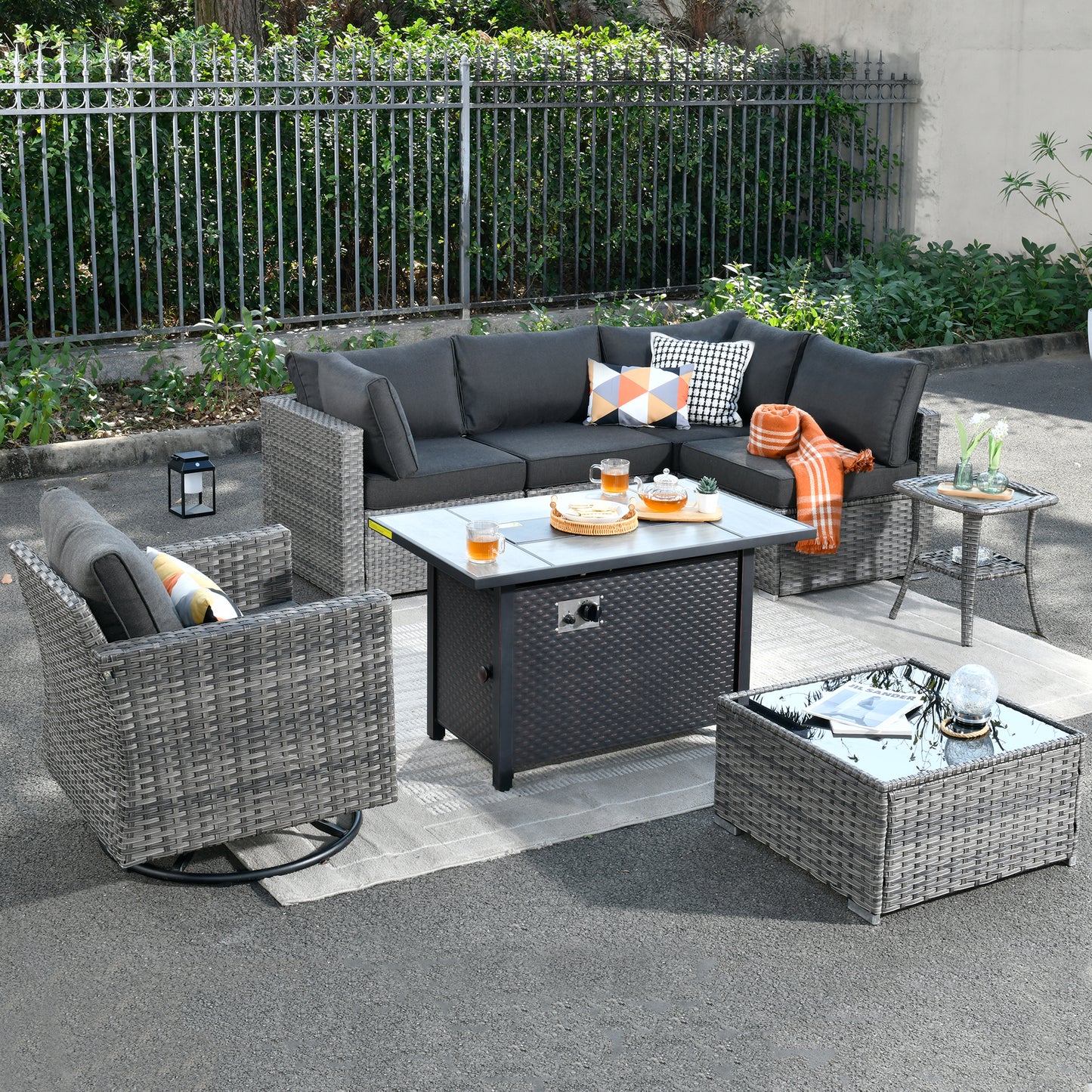 Toject 11 Pcs Paito Furniture Set, Outdoor Furniture Set with Swivel Chairs and Fire Pit