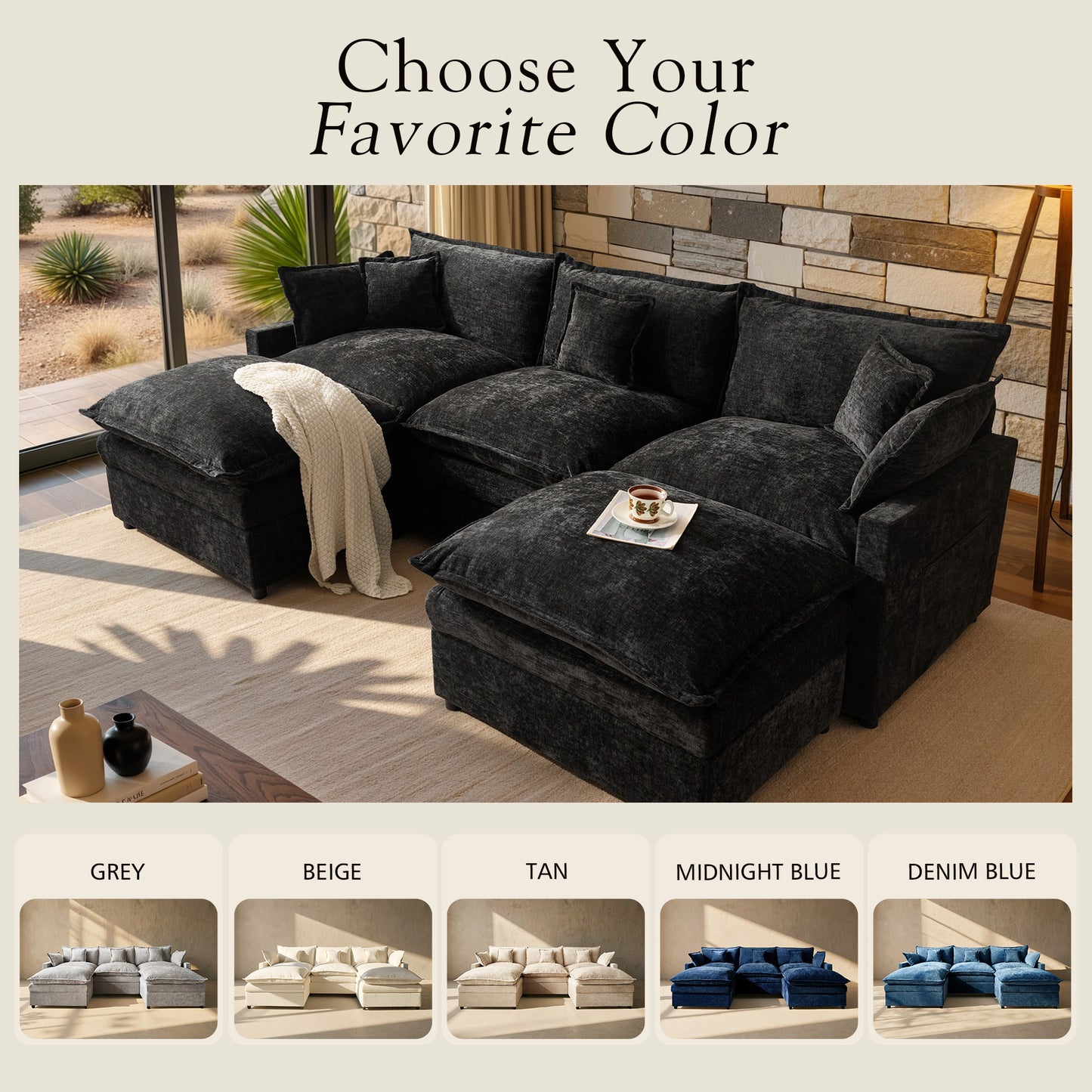 Toject 142" U-Shaped Modular Sectional Sofa, Chenille Cloud Couch with 2 Movable Ottomans, Extra Deep Seat Convertible Couch for Living Room, Apartment Beige