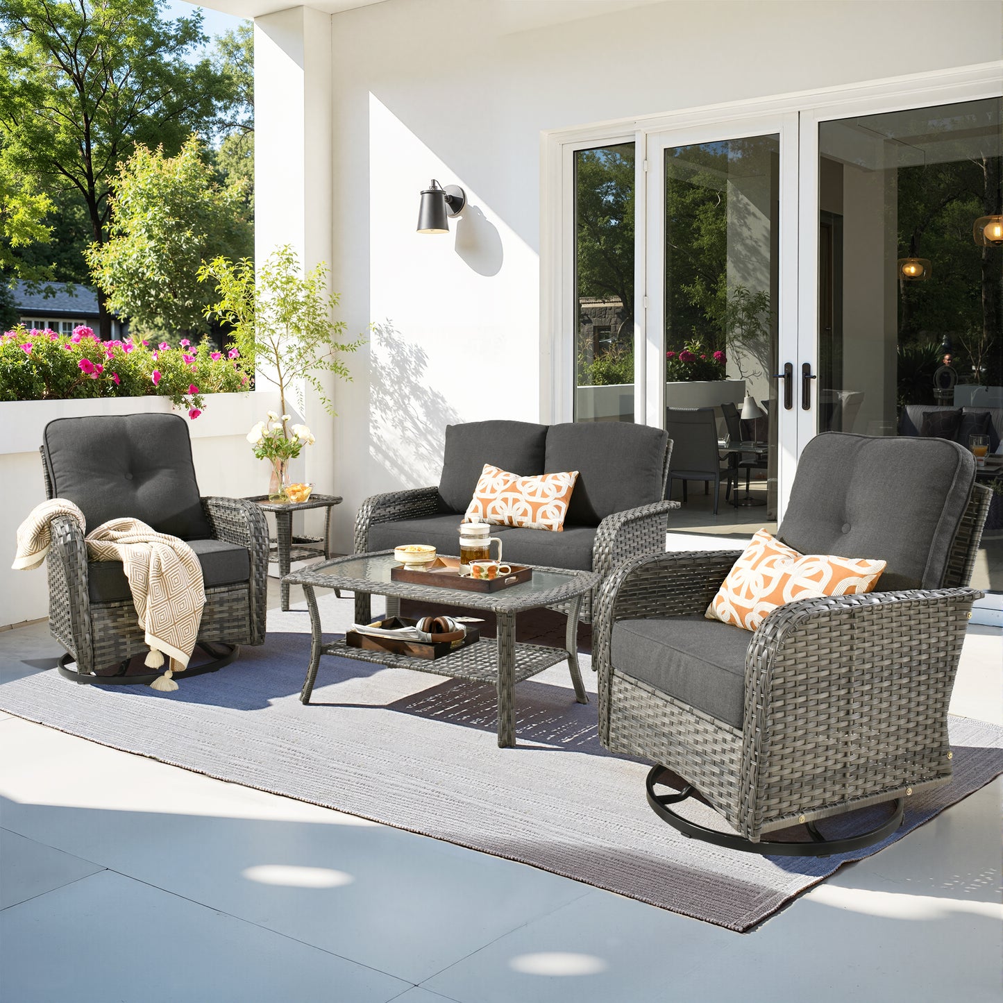 Toject 4 Pieces Patio Furniture Set, All-Weather Wicker Outdoor Furniture Loveseat Table Chairs Set for Porch, High Back Conversation Set for Backyard, Balcony, Denim Blue