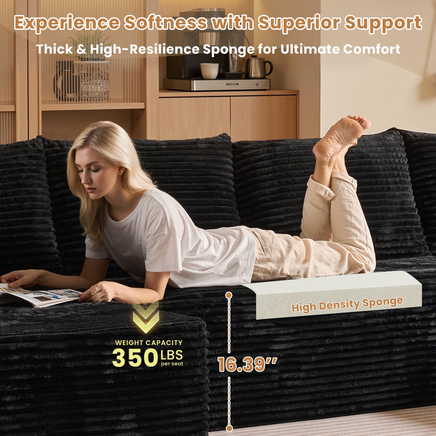 Toject 135" Modular Sectional Sofa, Cloud Modern Sleeper Couch with Chaise Lounge, No Assembly Required, U-shaped Plush Corduroy Sofa Couch for Living Room