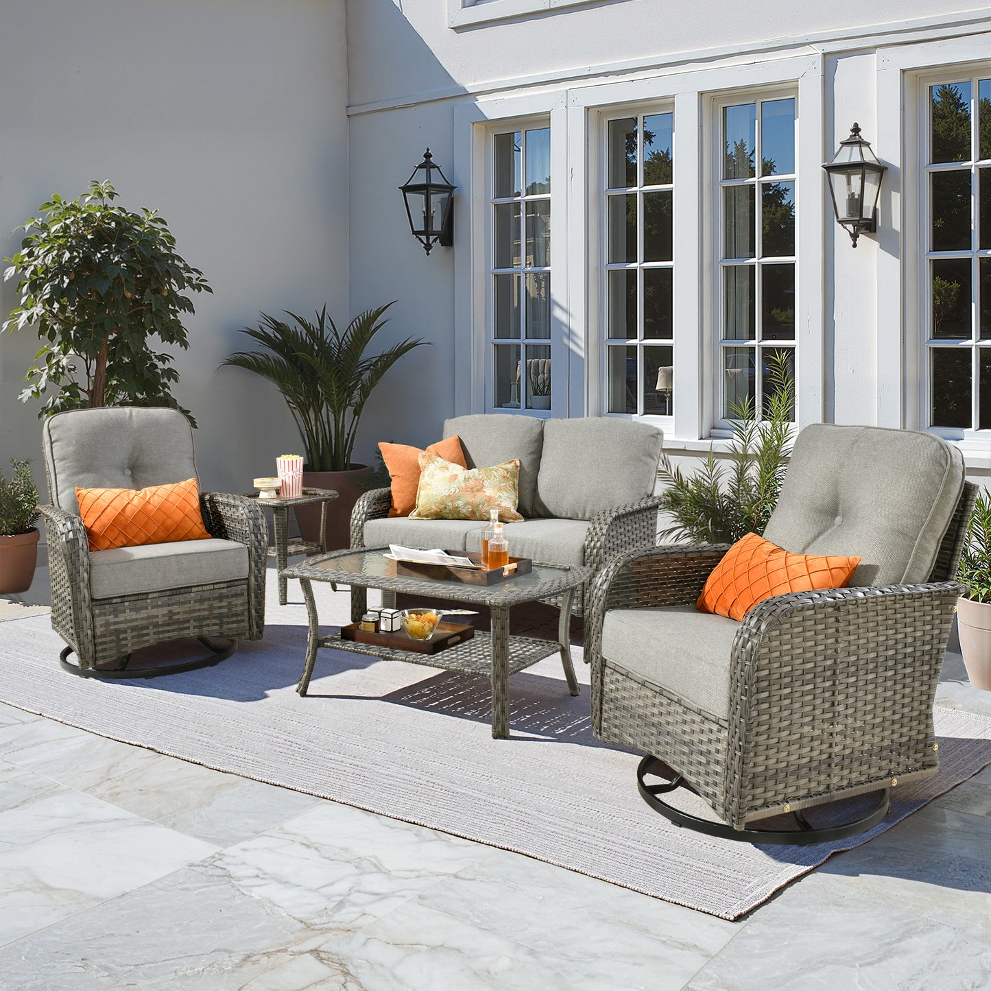 Toject 4 Pieces Patio Furniture Set, All-Weather Wicker Outdoor Furniture Loveseat Table Chairs Set for Porch, High Back Conversation Set for Backyard, Balcony, Denim Blue