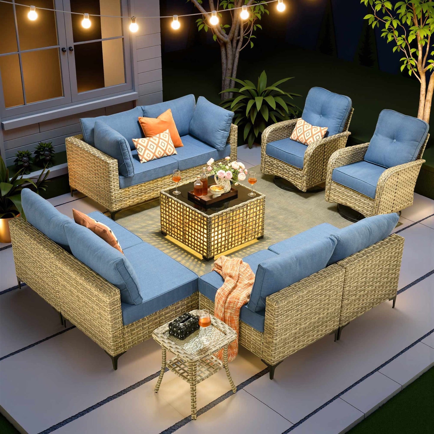 Toject 11 Pieces Patio Furniture Set All Weather Wicker Outdoor Conversation Set with 54" Fire Pit Outside Furniture Patio Sofa with Swivel Chairs & Solar Table