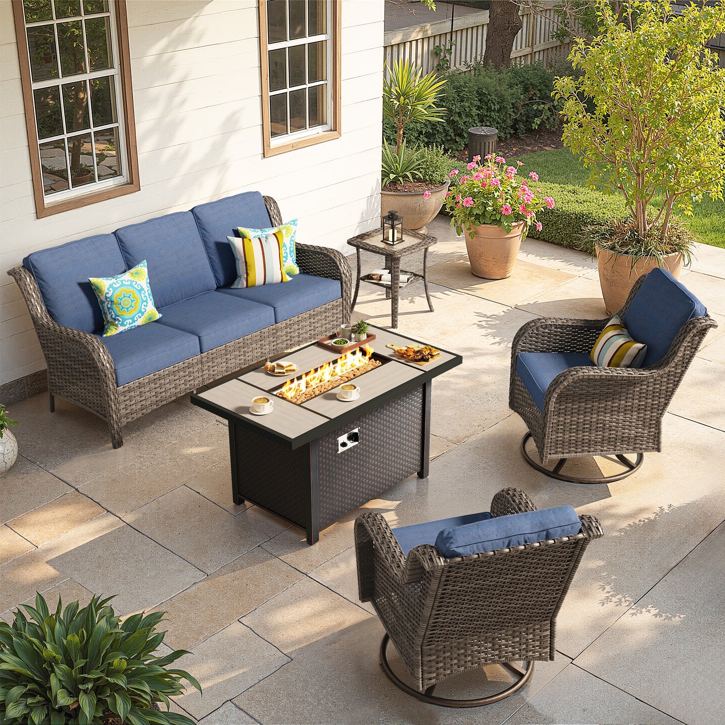 Toject Outdoor Patio Furniture Set, All-Weather Gray Wicker Outside Furniture with 42 Inch Fire Pit Table, 7 Pieces Conversation Set with Swivel Chairs & Ottomans for Backyard Deck Garden