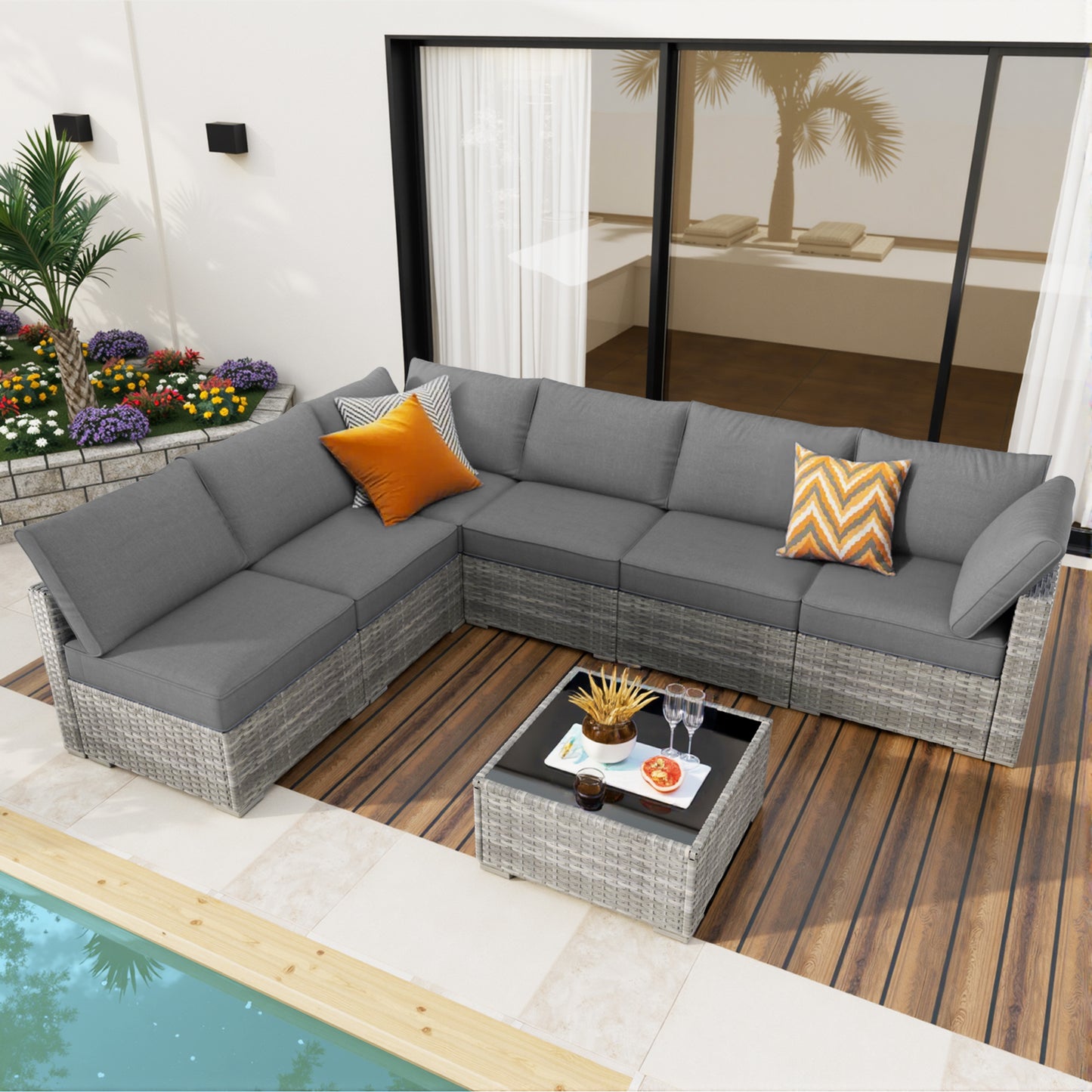 Toject 11 Pcs Paito Furniture Set, Outdoor Furniture Set with Swivel Chairs and Fire Pit