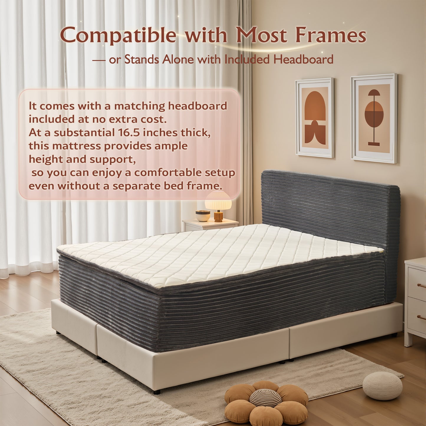 Toject Queen Size Memory Foam Mattress, Soft Bed with Matching Headboard, Medium Firm Mattress in a Box, No Assembly Required and Bed Frame Needed, Support for Modern Bedrooms, Apartment, Gray