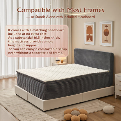 Toject Queen Size Memory Foam Mattress, Soft Bed with Matching Headboard, Medium Firm Mattress in a Box, No Assembly Required and Bed Frame Needed, Support for Modern Bedrooms, Apartment, Gray