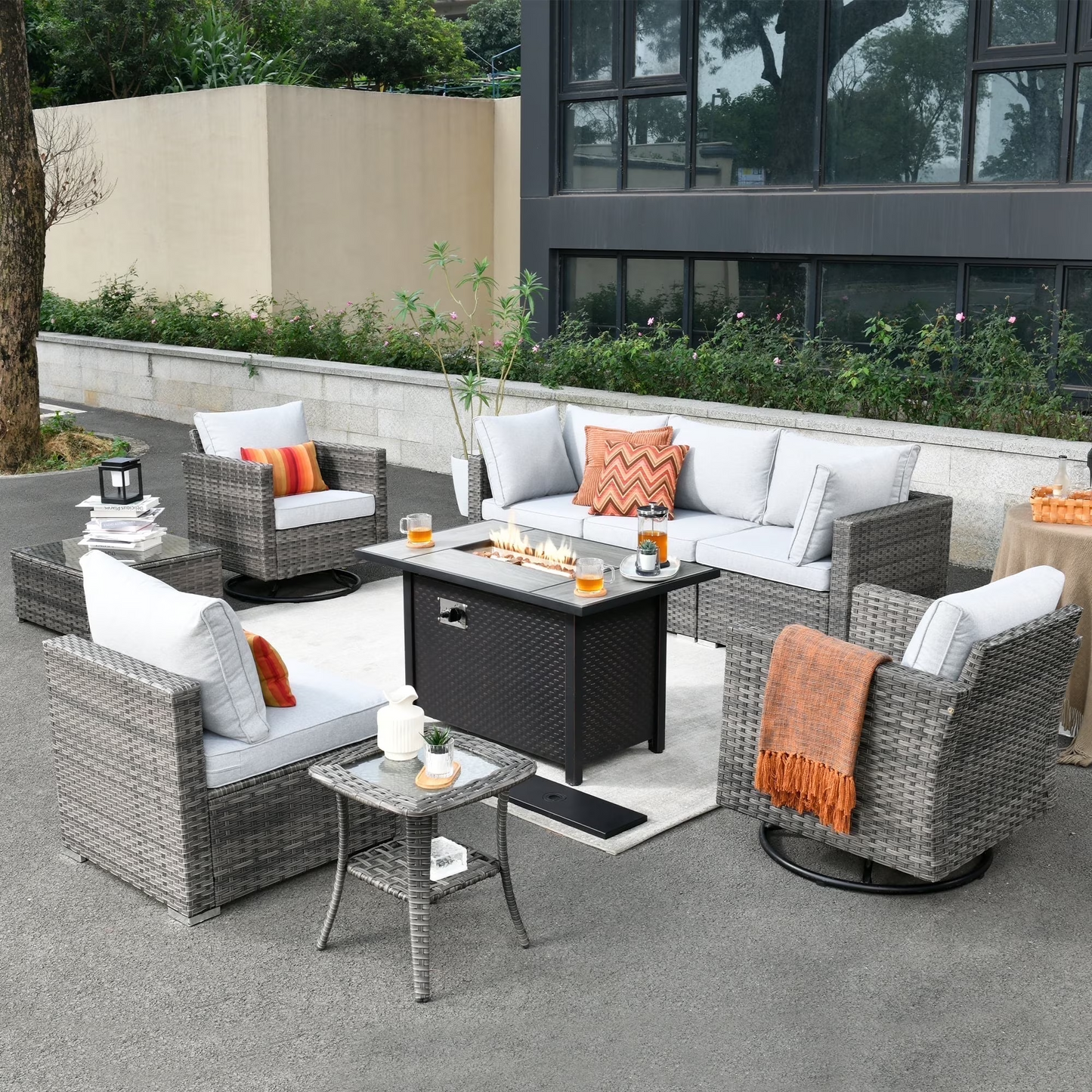 Toject 11 Pcs Paito Furniture Set, Outdoor Furniture Set with Swivel Chairs and Fire Pit