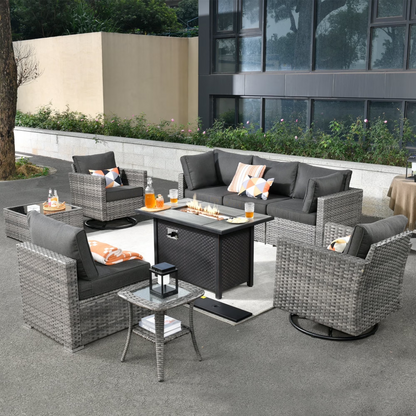 Toject 11 Pcs Paito Furniture Set, Outdoor Furniture Set with Swivel Chairs and Fire Pit