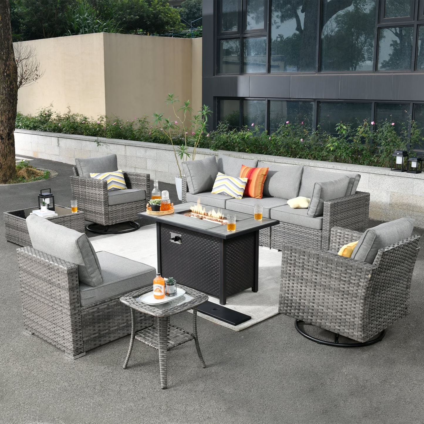 Toject 11 Pcs Paito Furniture Set, Outdoor Furniture Set with Swivel Chairs and Fire Pit