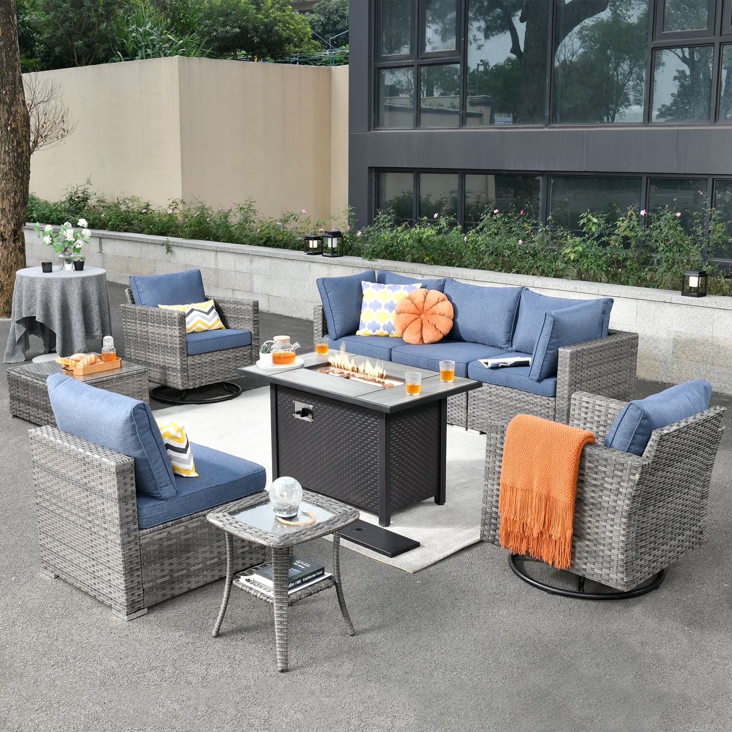 Toject 11 Pcs Paito Furniture Set, Outdoor Furniture Set with Swivel Chairs and Fire Pit