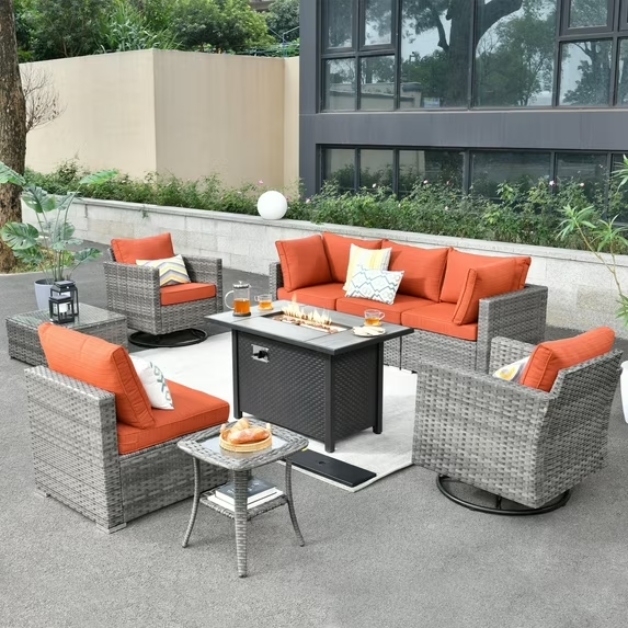 Toject 11 Pcs Paito Furniture Set, Outdoor Furniture Set with Swivel Chairs and Fire Pit