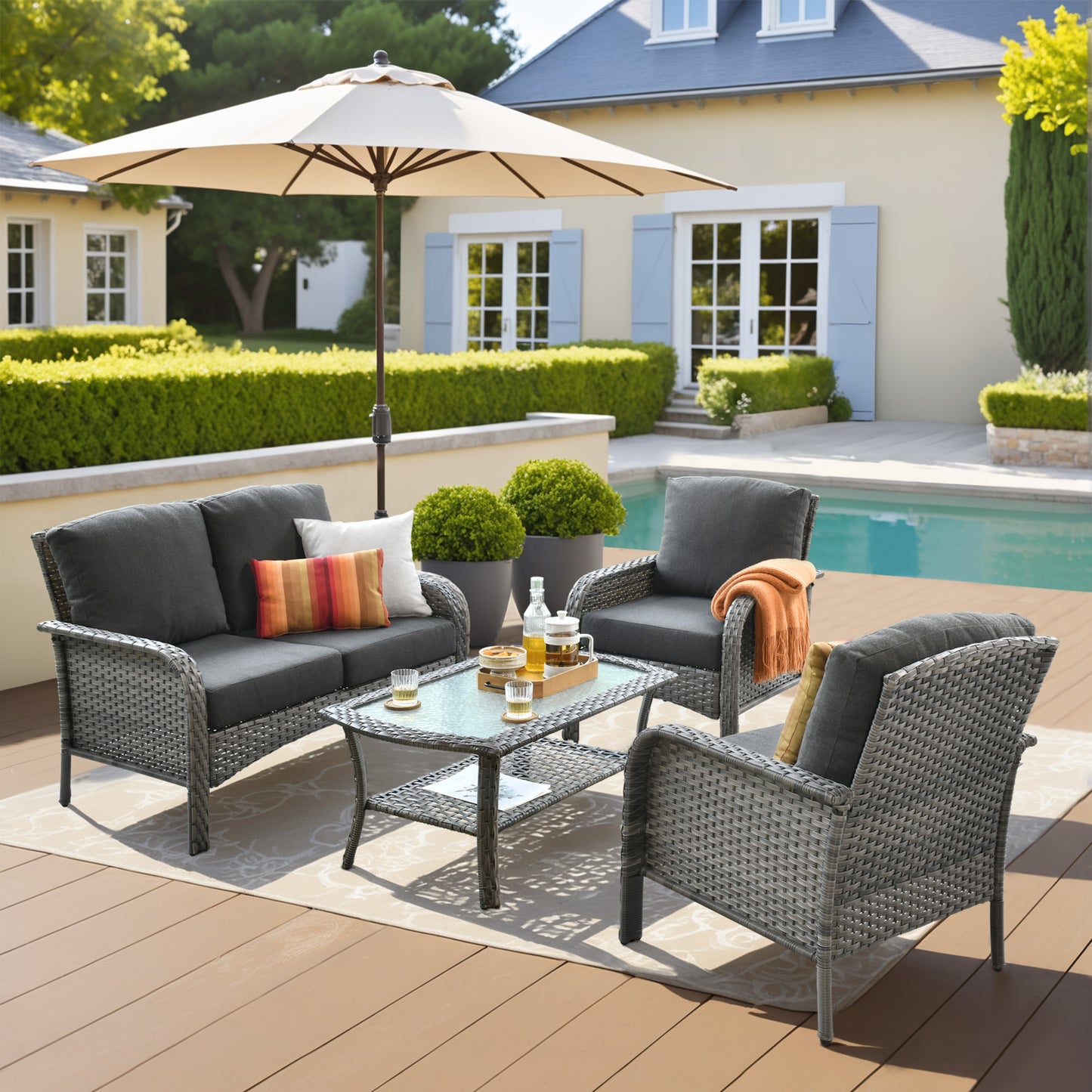 Toject 4 Pieces Patio Furniture Set, All-Weather Wicker Outdoor Furniture Loveseat Table Chairs Set for Porch, High Back Conversation Set for Backyard, Balcony, Denim Blue