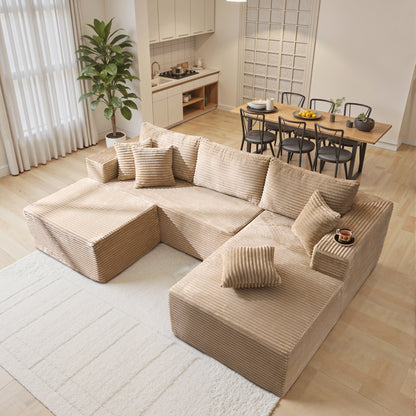 Toject 135" Modular Sectional Sofa, Cloud Modern Sleeper Couch with Chaise Lounge, No Assembly Required, U-shaped Plush Corduroy Sofa Couch for Living Room