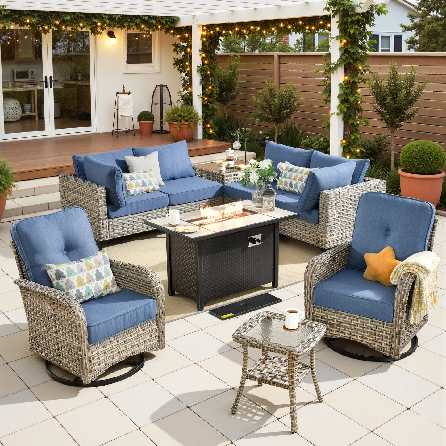 Toject 11 Pieces Patio Furniture Set All Weather Wicker Outdoor Conversation Set with 54" Fire Pit Outside Furniture Patio Sofa with Swivel Chairs & Solar Table