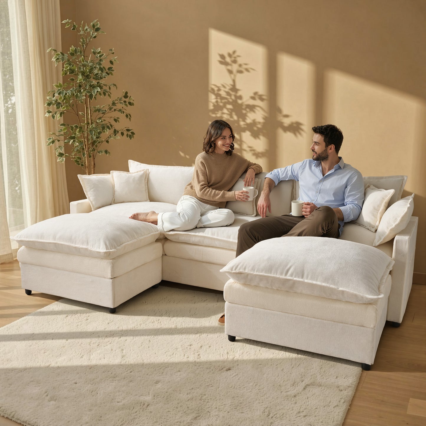 Toject 142" U-Shaped Modular Sectional Sofa, Chenille Cloud Couch with 2 Movable Ottomans, Extra Deep Seat Convertible Couch for Living Room, Apartment