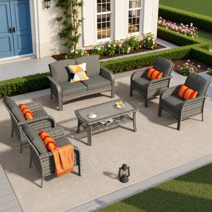 Toject 6 Pieces Patio Furniture Set, Wicker Outside Furniture with Loveseat Table Chairs Set for Porch, All-Weather High Back Outdoor Conversation Set for Backyard, Dark Gray