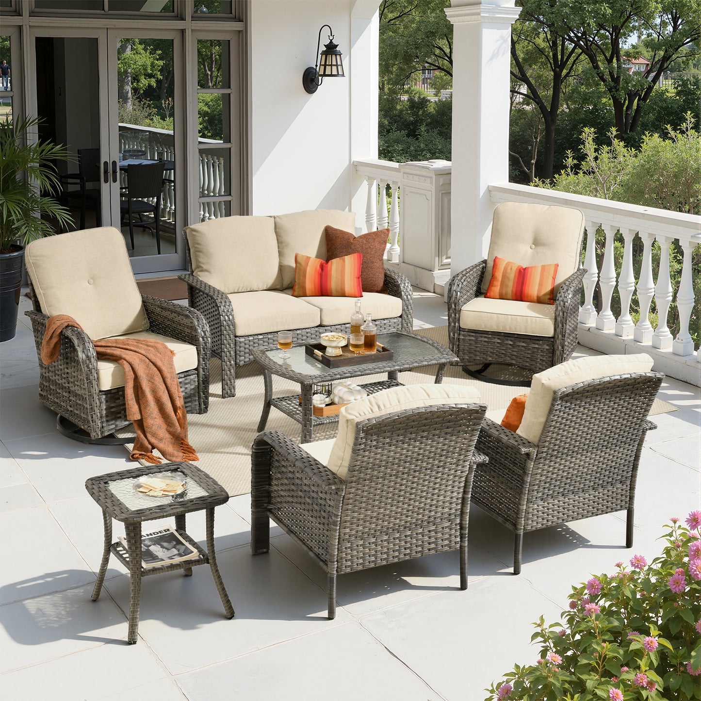 Toject 4 Pieces Patio Furniture Set, All-Weather Wicker Outdoor Furniture Loveseat Table Chairs Set for Porch, High Back Conversation Set for Backyard, Balcony, Denim Blue