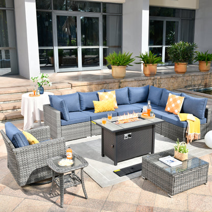 Toject 11 Pcs Paito Furniture Set, Outdoor Furniture Set with Swivel Chairs and Fire Pit