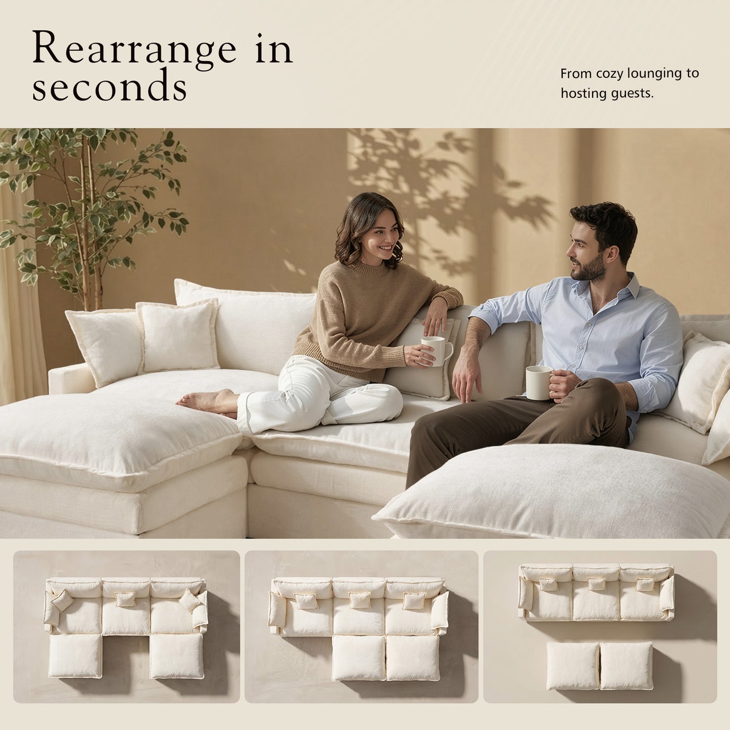 Toject 142" U-Shaped Modular Sectional Sofa, Chenille Cloud Couch with 2 Movable Ottomans, Extra Deep Seat Convertible Couch for Living Room, Apartment