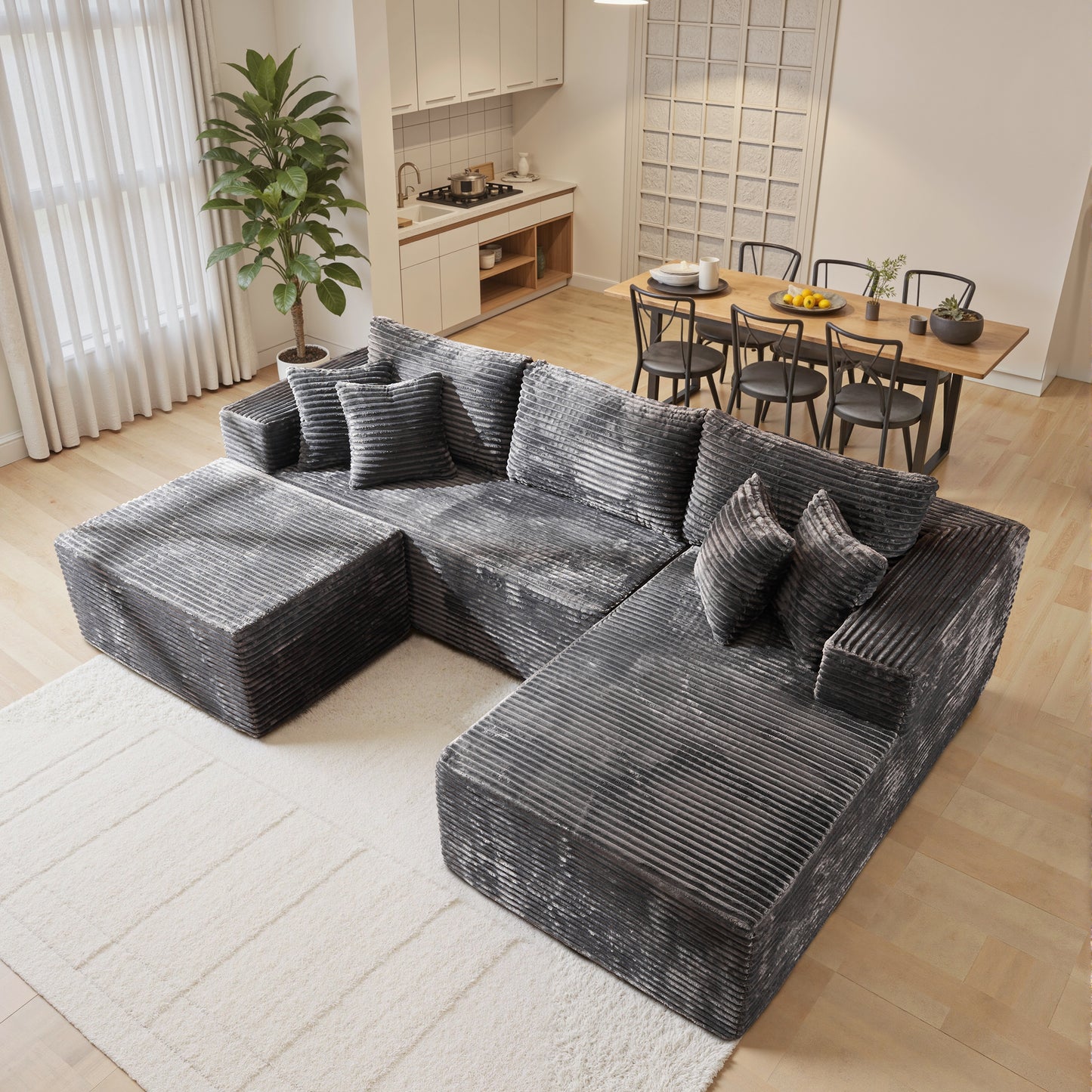 Toject 135" Modular Sectional Sofa, Cloud Modern Sleeper Couch with Chaise Lounge, No Assembly Required, U-shaped Plush Corduroy Sofa Couch for Living Room