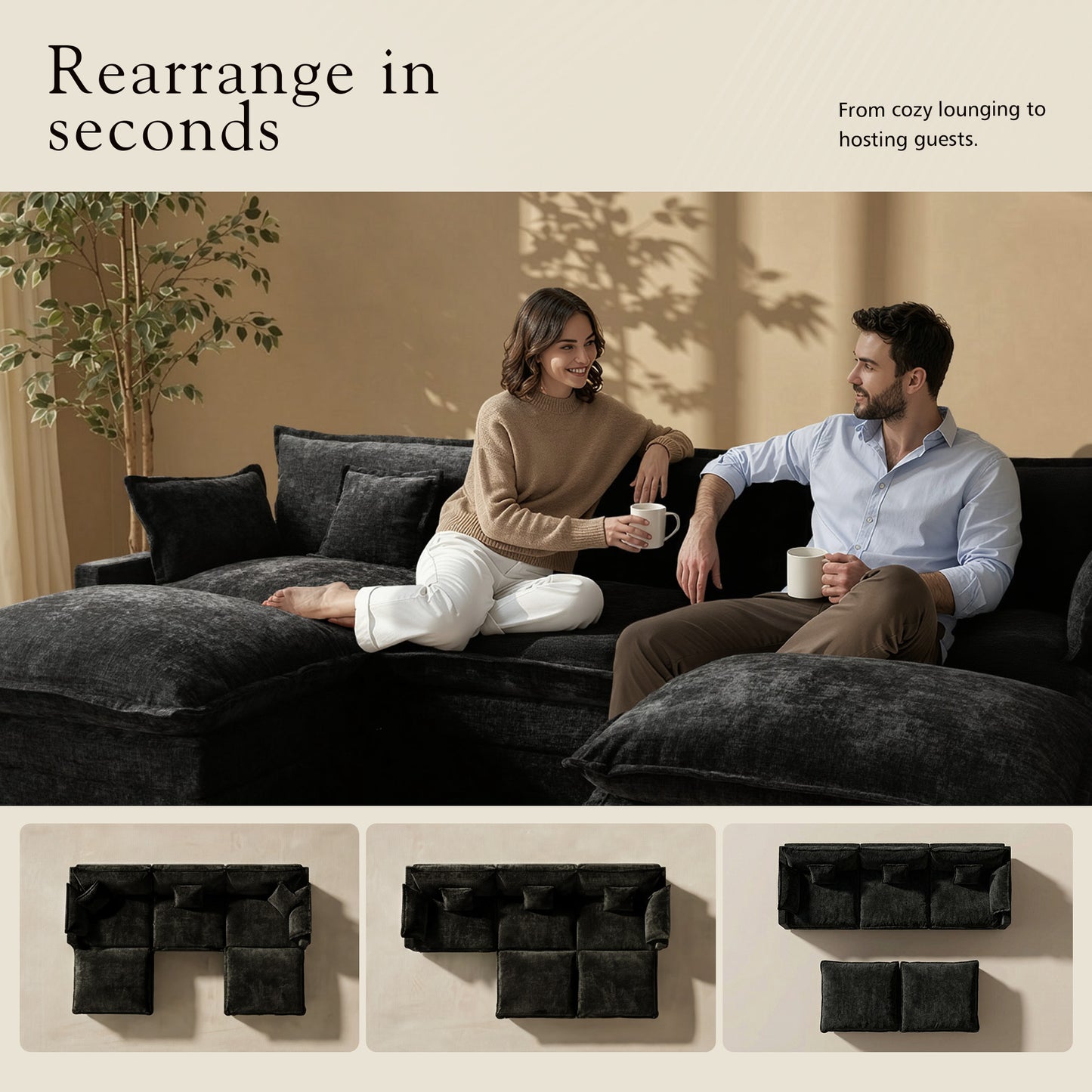 Toject 142" U-Shaped Modular Sectional Sofa, Chenille Cloud Couch with 2 Movable Ottomans, Extra Deep Seat Convertible Couch for Living Room, Apartment Beige