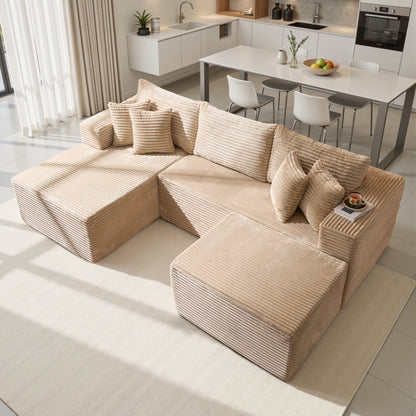 Toject 135" Modular Sectional Sofa, Cloud Modern Sleeper Couch with Chaise Lounge, No Assembly Required, U-shaped Plush Corduroy Sofa Couch for Living Room