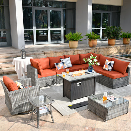 Toject 11 Pcs Paito Furniture Set, Outdoor Furniture Set with Swivel Chairs and Fire Pit