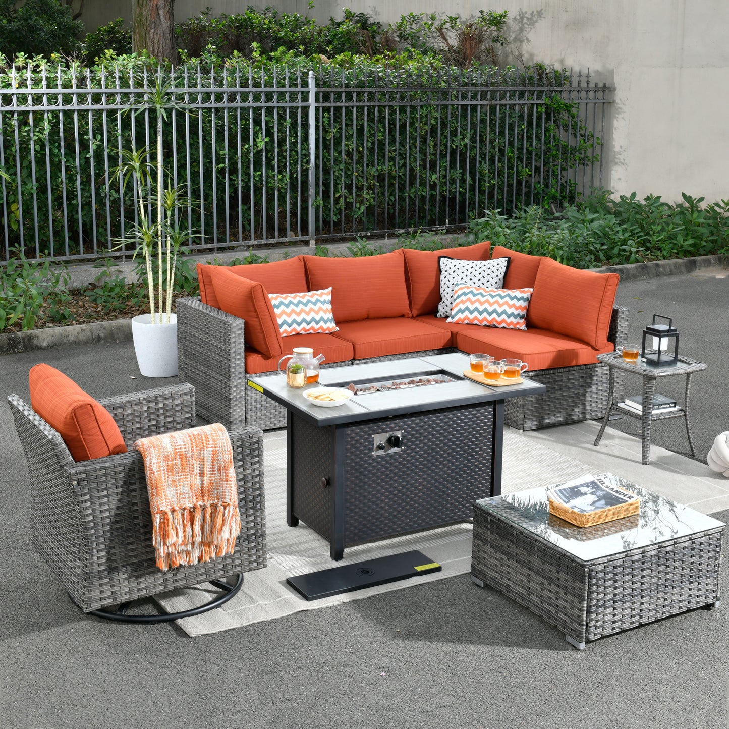 Toject 11 Pcs Paito Furniture Set, Outdoor Furniture Set with Swivel Chairs and Fire Pit