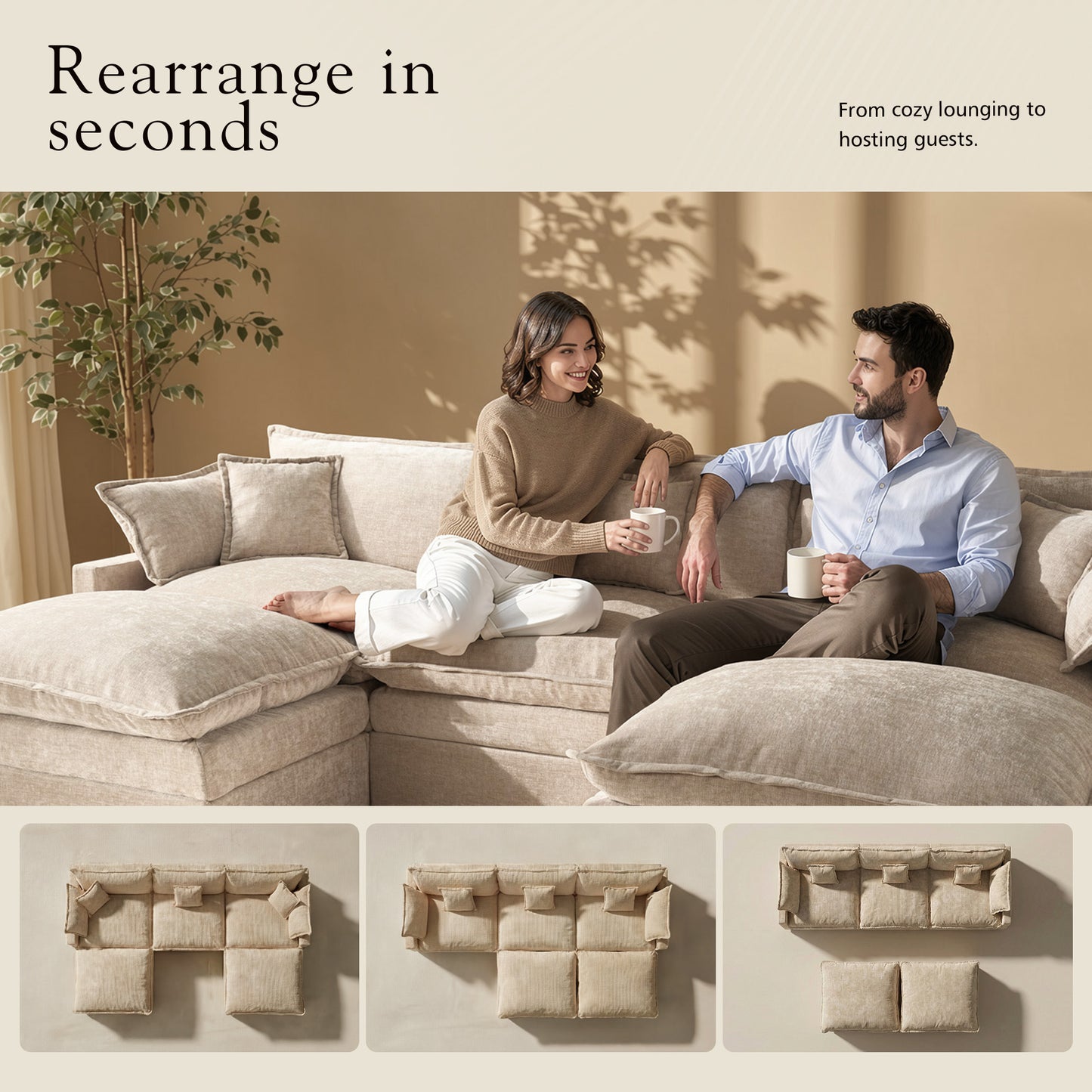 Toject 107.87" Modular Sectional Sofa U Shaped Cloud Couch, Chenille 4 Seat Deep Seat Sofa with 2 Movable Ottomans for Living Room Bedroom Apartment