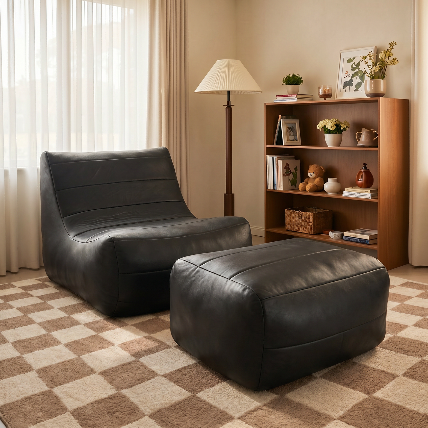 Toject Giant Bean Bag Chair, Faux Leather Memory Foam Floor Sofa for Adults, Ergonomic Back Support, No Assembly Needed, Lightweight Lounger for Living Room Bedroom Dorm Office, Black