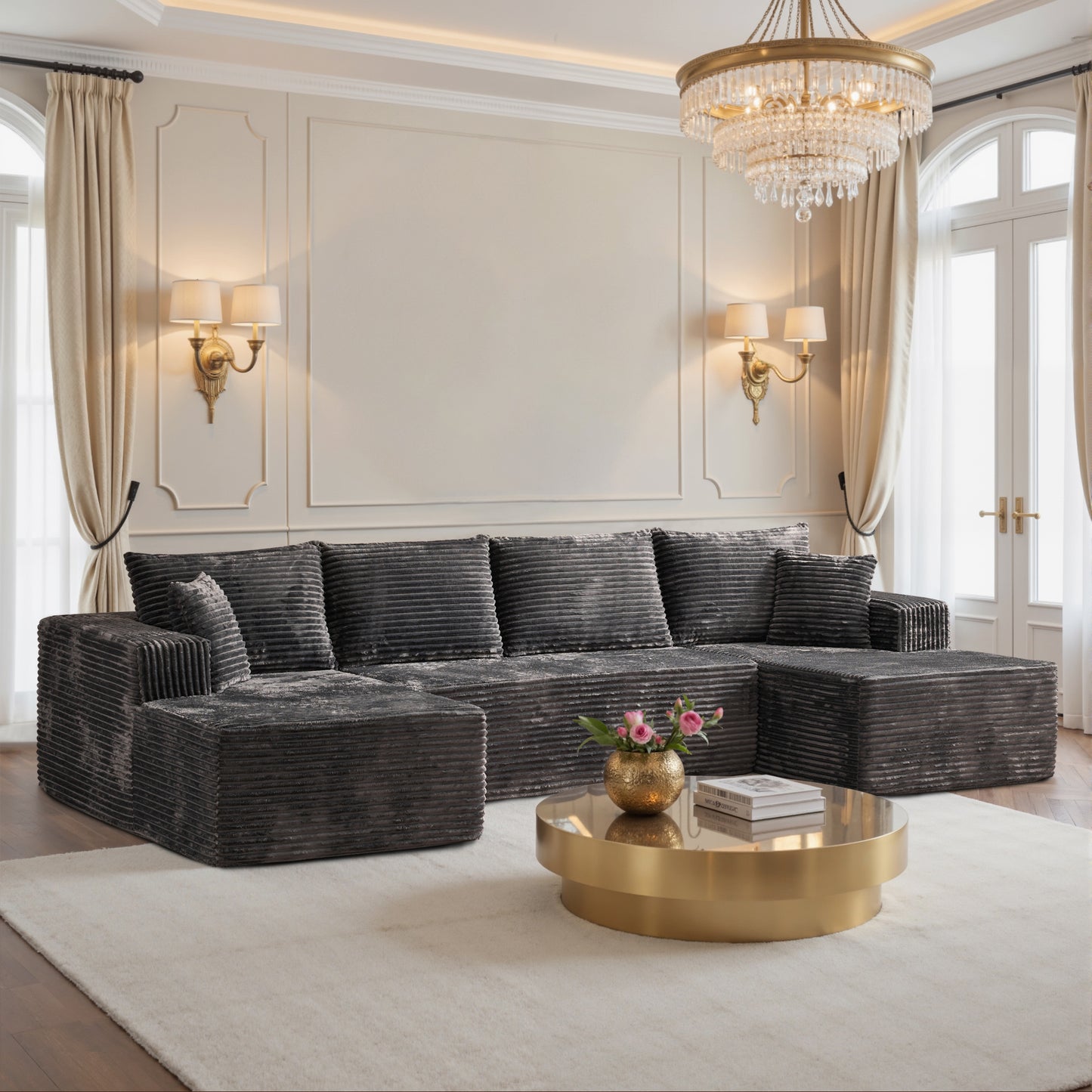 Toject 135" Modular Sectional Sofa, Cloud Modern Sleeper Couch with Chaise Lounge, No Assembly Required, U-shaped Plush Corduroy Sofa Couch for Living Room