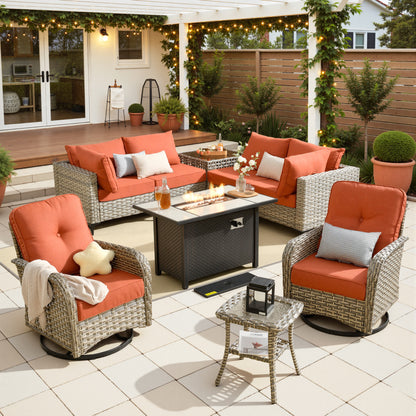Toject 11 Pieces Patio Furniture Set All Weather Wicker Outdoor Conversation Set with 54" Fire Pit Outside Furniture Patio Sofa with Swivel Chairs & Solar Table