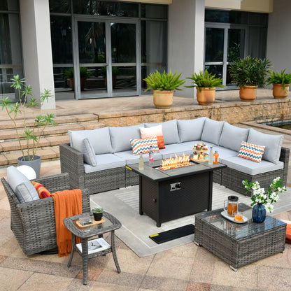 Toject 11 Pcs Paito Furniture Set, Outdoor Furniture Set with Swivel Chairs and Fire Pit