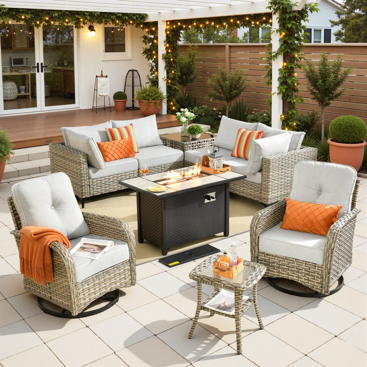 Toject 11 Pieces Patio Furniture Set All Weather Wicker Outdoor Conversation Set with 54" Fire Pit Outside Furniture Patio Sofa with Swivel Chairs & Solar Table