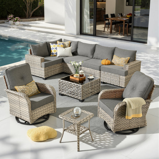 Toject 6 Pieces Patio Furniture Set, All Weather Wicker Patio Conversation Set with Swivel Chairs, Outdoor Furniture for Garden