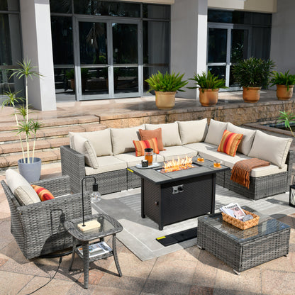 Toject 11 Pcs Paito Furniture Set, Outdoor Furniture Set with Swivel Chairs and Fire Pit