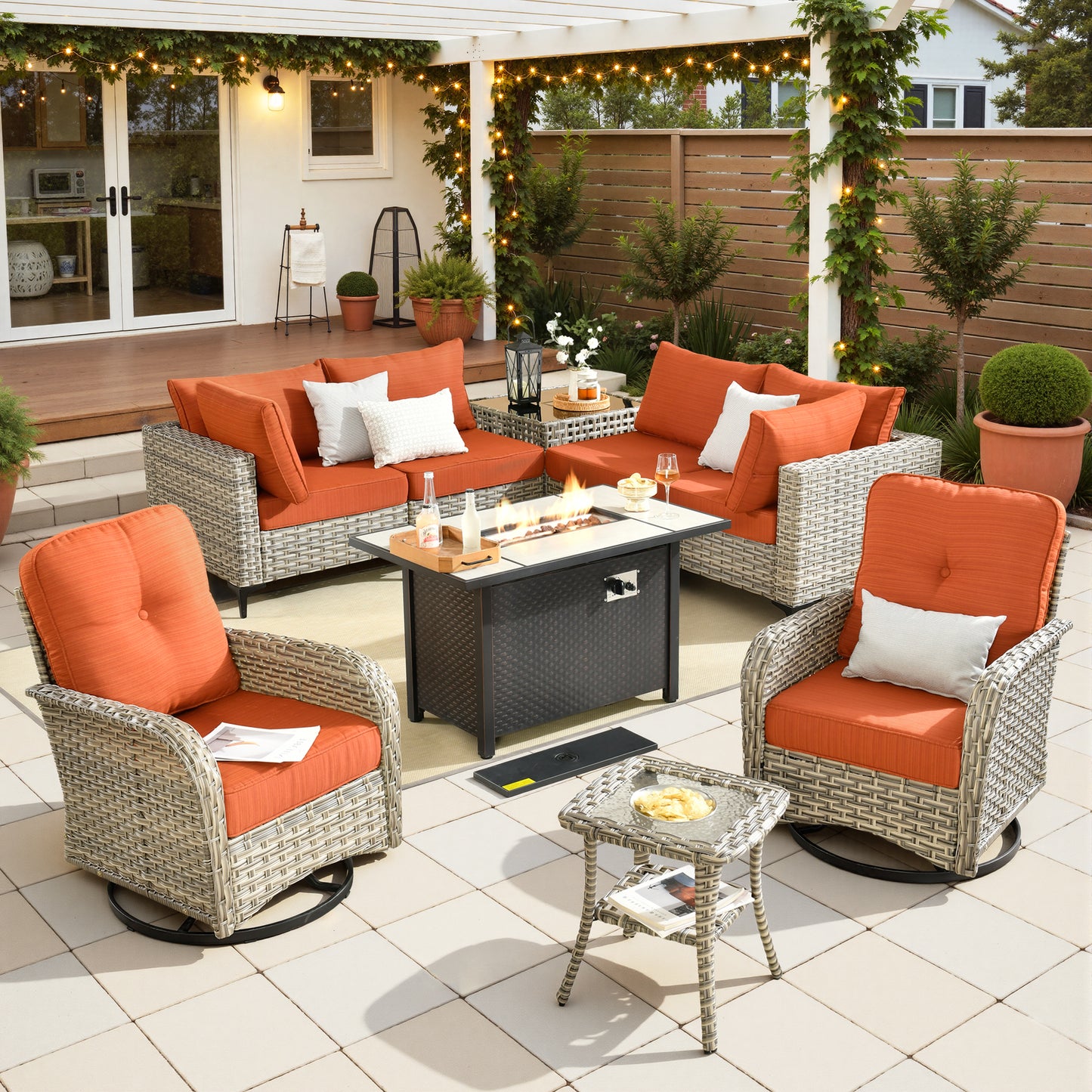 Toject 11 Pieces Patio Furniture Set All Weather Wicker Outdoor Conversation Set with 54" Fire Pit Outside Furniture Patio Sofa with Swivel Chairs & Solar Table