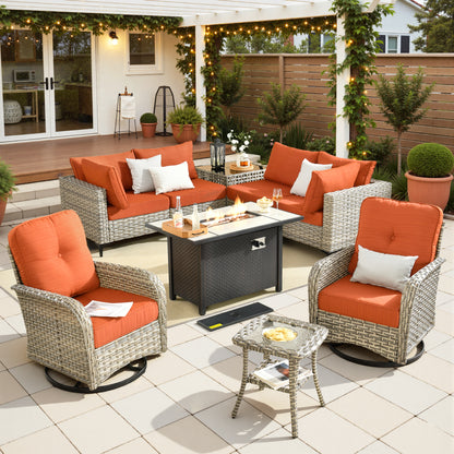 Toject 11 Pieces Patio Furniture Set All Weather Wicker Outdoor Conversation Set with 54" Fire Pit Outside Furniture Patio Sofa with Swivel Chairs & Solar Table