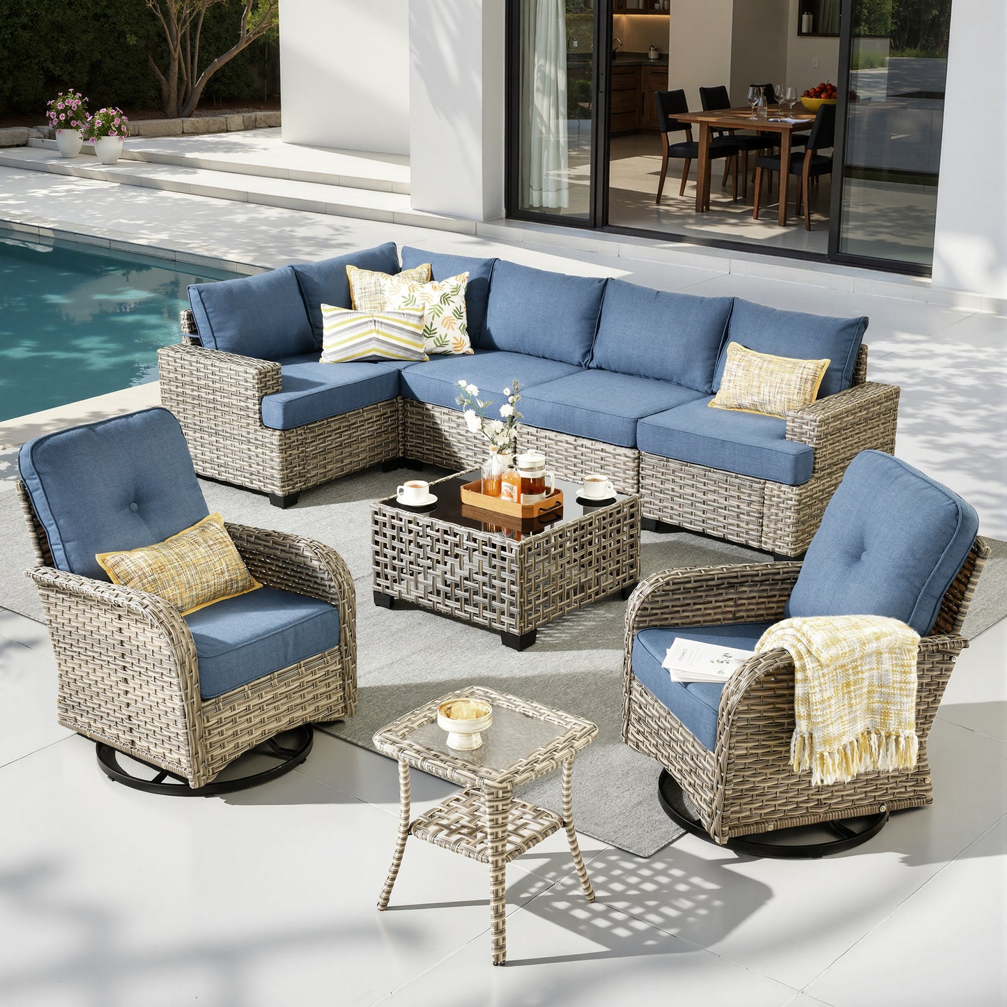 Toject 6 Pieces Patio Furniture Set, All Weather Wicker Patio Conversation Set with Swivel Chairs, Outdoor Furniture for Garden