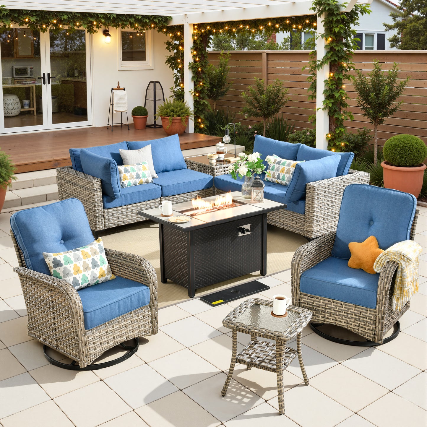 Toject 11 Pieces Patio Furniture Set All Weather Wicker Outdoor Conversation Set with 54" Fire Pit Outside Furniture Patio Sofa with Swivel Chairs & Solar Table