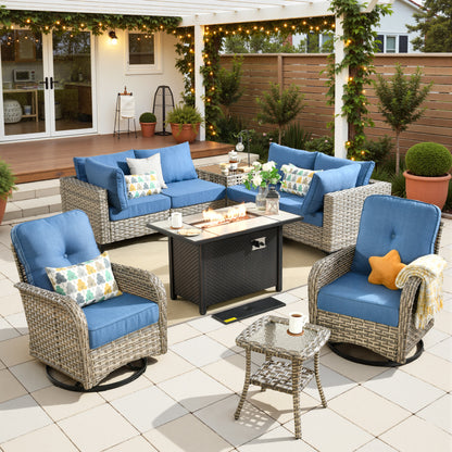 Toject 11 Pieces Patio Furniture Set All Weather Wicker Outdoor Conversation Set with 54" Fire Pit Outside Furniture Patio Sofa with Swivel Chairs & Solar Table