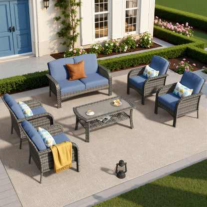 Toject 6 Pieces Patio Furniture Set, Wicker Outside Furniture with Loveseat Table Chairs Set for Porch, All-Weather High Back Outdoor Conversation Set for Backyard, Dark Gray