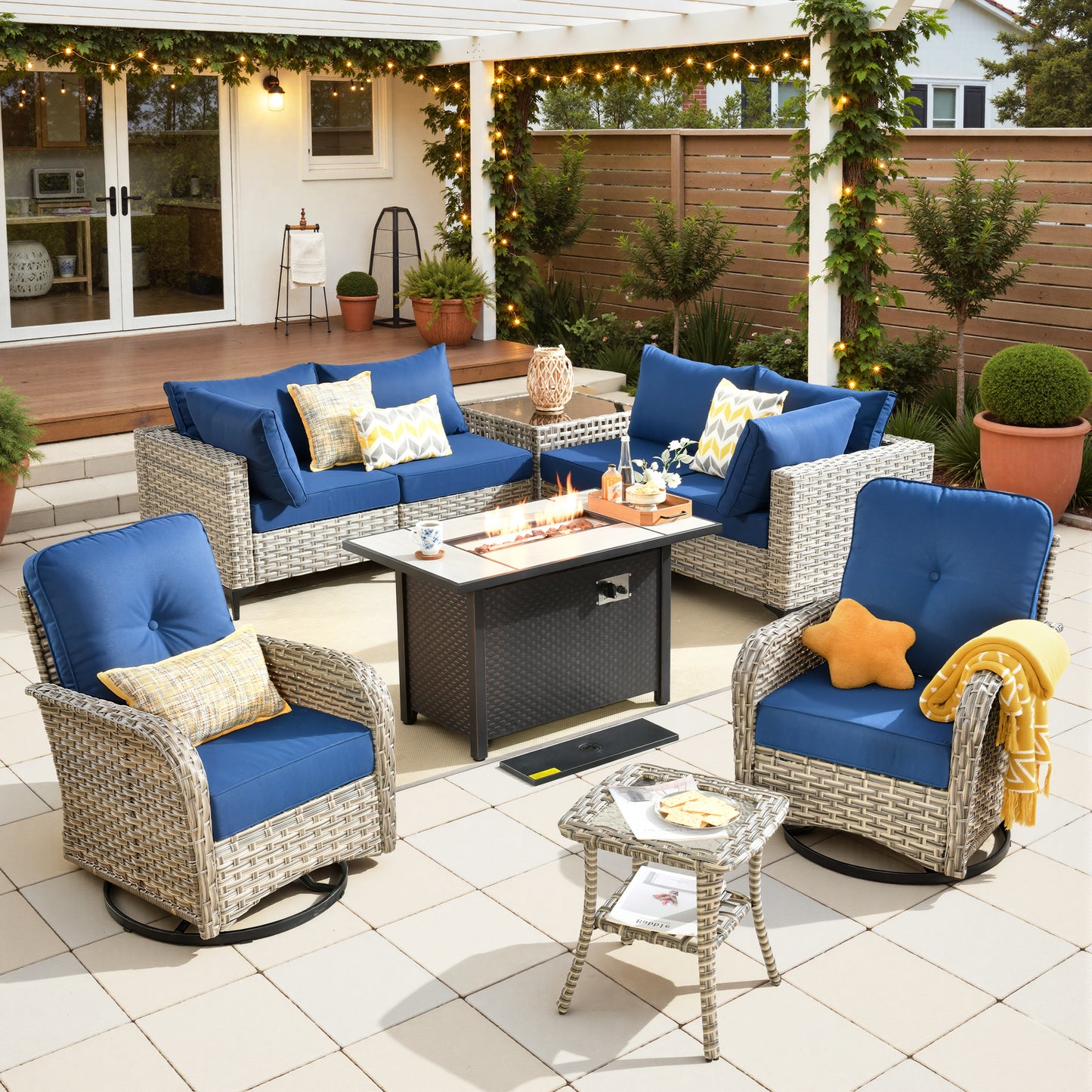 Toject 11 Pieces Patio Furniture Set All Weather Wicker Outdoor Conversation Set with 54" Fire Pit Outside Furniture Patio Sofa with Swivel Chairs & Solar Table