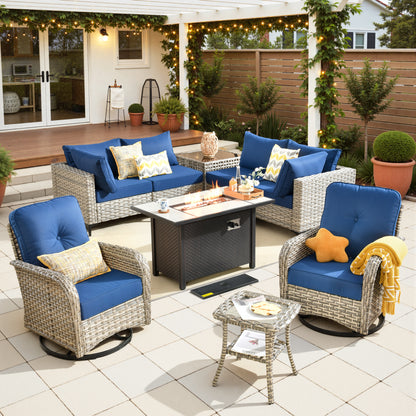 Toject 11 Pieces Patio Furniture Set All Weather Wicker Outdoor Conversation Set with 54" Fire Pit Outside Furniture Patio Sofa with Swivel Chairs & Solar Table