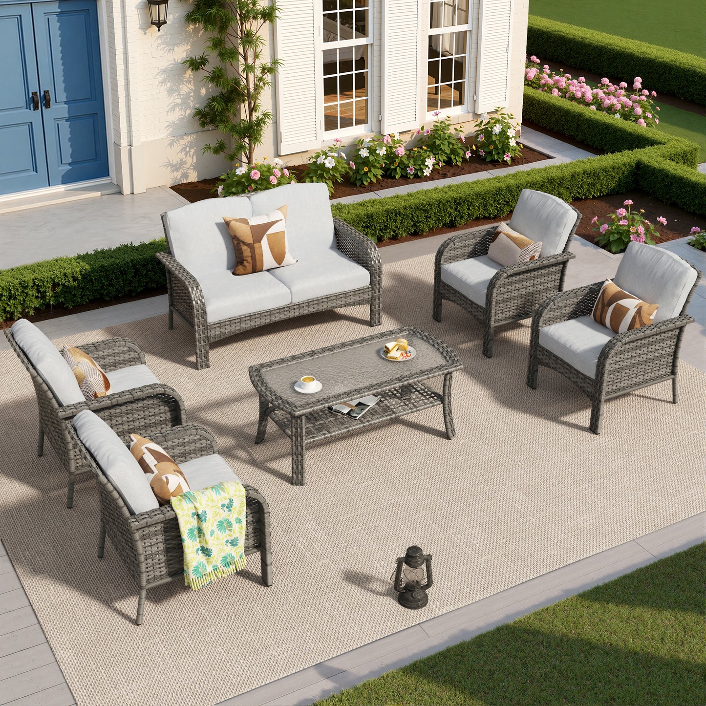 Toject 6 Pieces Patio Furniture Set, Wicker Outside Furniture with Loveseat Table Chairs Set for Porch, All-Weather High Back Outdoor Conversation Set for Backyard, Dark Gray