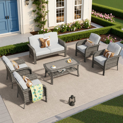 Toject 6 Pieces Patio Furniture Set, Wicker Outside Furniture with Loveseat Table Chairs Set for Porch, All-Weather High Back Outdoor Conversation Set for Backyard, Dark Gray