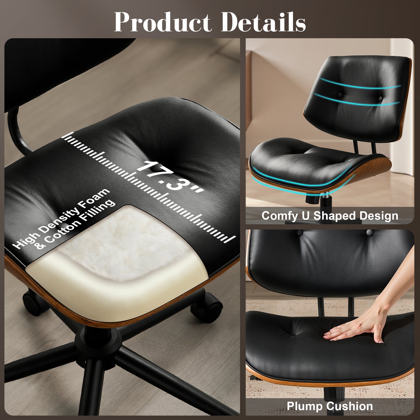 Toject Office Chair, Task Chair with Wooden Back, Mid-Century Modern Computer Chair, Armless Desk Chair for Home Office, Black